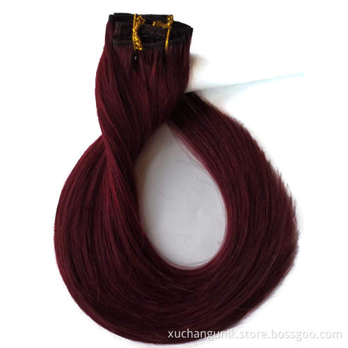 Uniky Wholesale thick bottom 24inch full head body wave 99j clip in human hair extension for fashion women